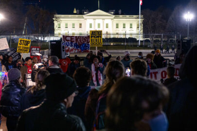 People demonstrate outside the White House on January 8, 2026, in Washington, D.C.