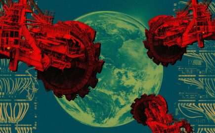 Collage illustration of giant mining machines loom over the planet Earth with data center server banks