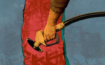 Collage depicting arm pumping gas into a hole over a red tear through a blue, faded image of climate protesters, the red tear showing a mess of pump jacks and refineries.