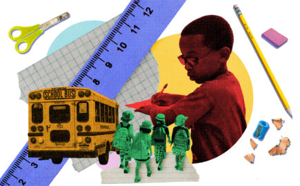 Back to school collage with young student writing and others walking beside a school bus, pencil, ruler, scissors and eraser.