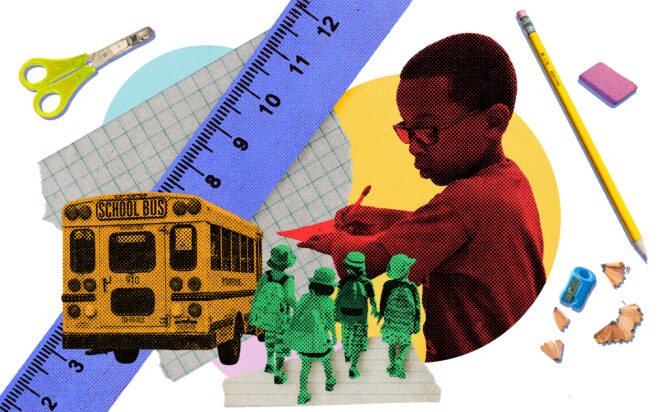 Back to school collage with young student writing and others walking beside a school bus, pencil, ruler, scissors and eraser.