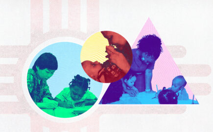 Collage featuring elements of New Mexico flag and child care