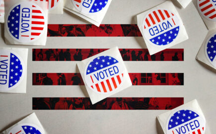 'I Voted' stickers over four red blocks depicting people in line to vote.