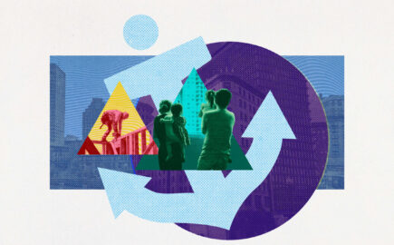 Collage featuring the anchor from Reclaim Rhode Island's logo, housing construction, images of Providence, Rhode Island and a family looking out a window