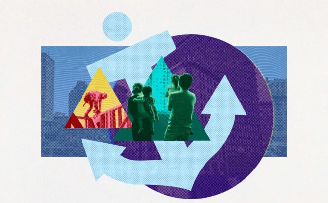 Collage featuring the anchor from Reclaim Rhode Island's logo, housing construction, images of Providence, Rhode Island and a family looking out a window