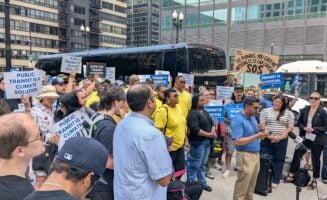 Demonstrators participate in a public transit rally on June 26, 2025, with the Illinois Clean Jobs Coalition and the Labor Alliance for Public Transit.