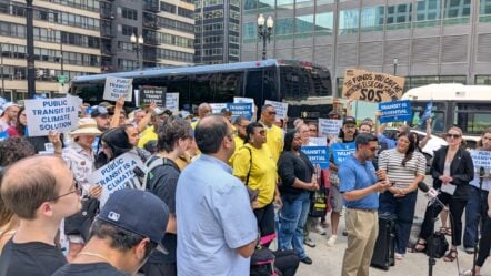 Demonstrators participate in a public transit rally on June 26, 2025, with the Illinois Clean Jobs Coalition and the Labor Alliance for Public Transit.