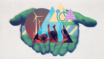 Collage featuring hands presenting alternative energy, public housing, child care and other public commons imagery