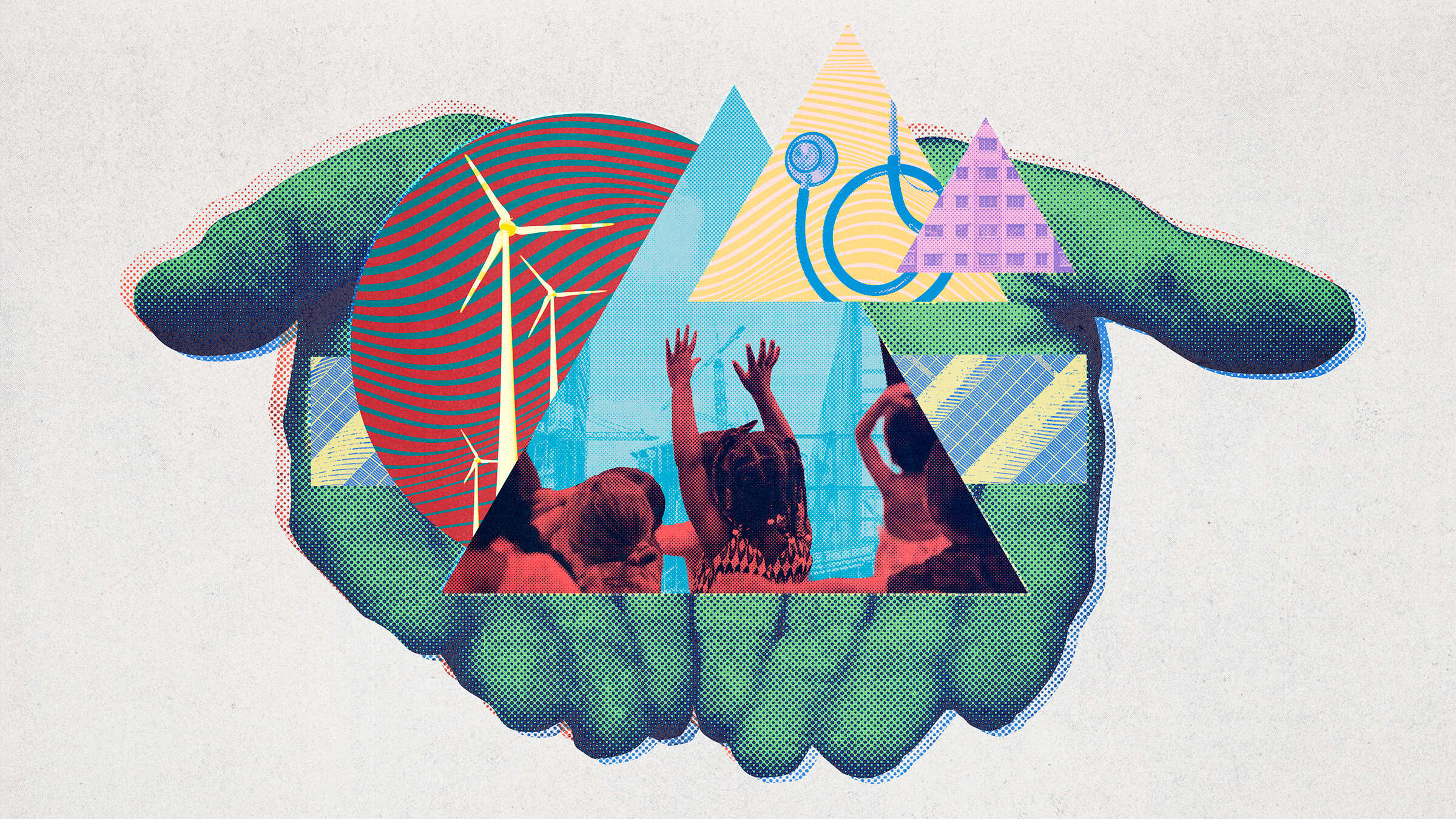 Collage featuring hands presenting alternative energy, public housing, child care and other public commons imagery