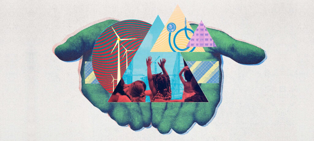 Collage featuring hands presenting alternative energy, public housing, child care and other public commons imagery