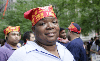 A member of New York's transit workers union attends Occupy Wall Street in September 2011. Photo by Timothy Krause / Flickr.