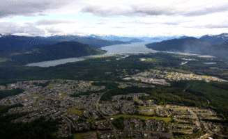 An aerial view of Kitimat and Douglas Channel