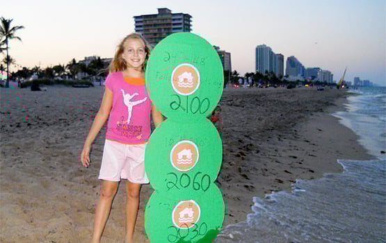 A girl holds sea level markers. Photo by 350.