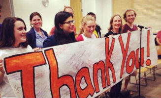 Stanford students celebrate on May 7 after the university announced its decision to divest from companies that engage in coal mining. Photo courtesy Fossil Free Stanford.