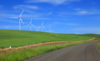 Windmills with blue sky.